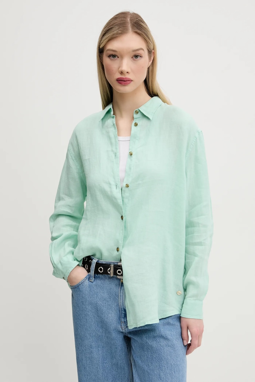 Superdry cămașă de in femei, culoarea verde, cu guler clasic, relaxed, W4010463A-2OK Superdry cămașă de in femei, culoarea verde, cu guler clasic, relaxed, W4010463A-2OK