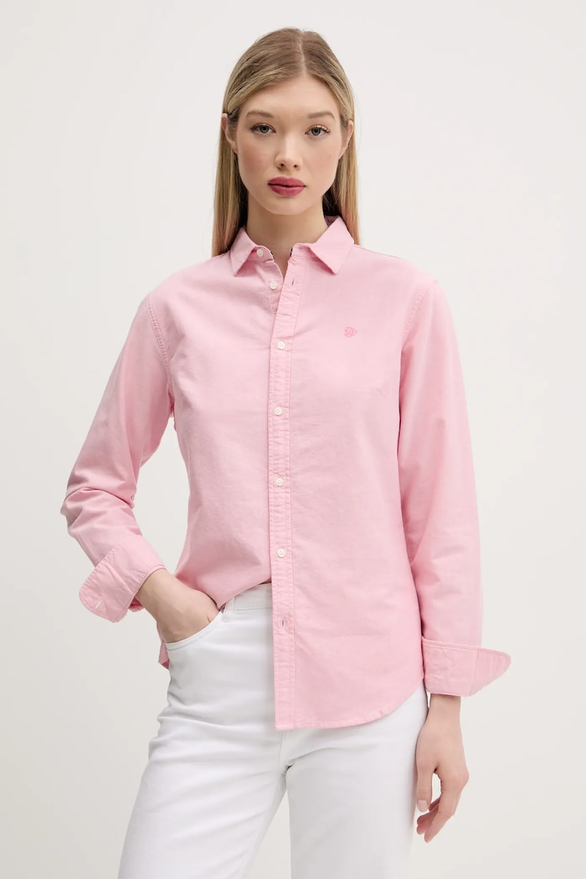 Superdry cămașă din bumbac femei, culoarea roz, cu guler clasic, slim, W4010473A-D9O Superdry cămașă din bumbac femei, culoarea roz, cu guler clasic, slim, W4010473A-D9O