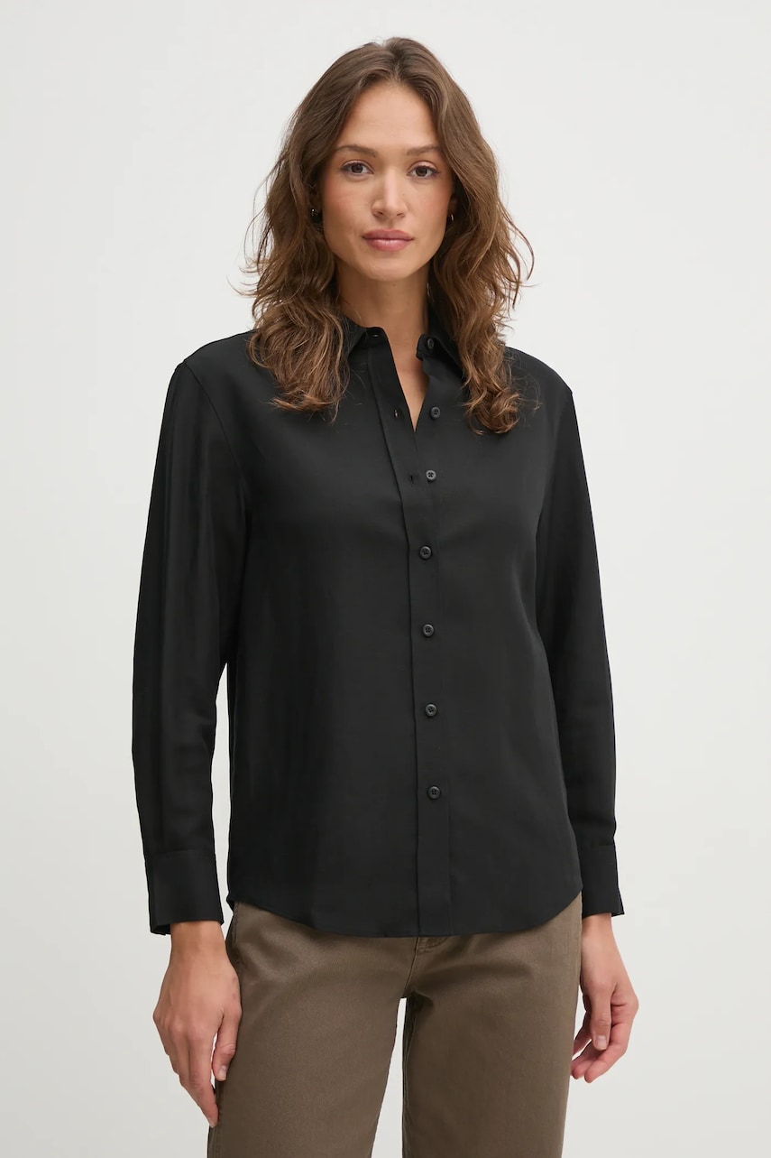 Levně Košile s příměsí lnu Calvin Klein dámská, černá barva, relaxed, s klasickým límcem, K20K208321