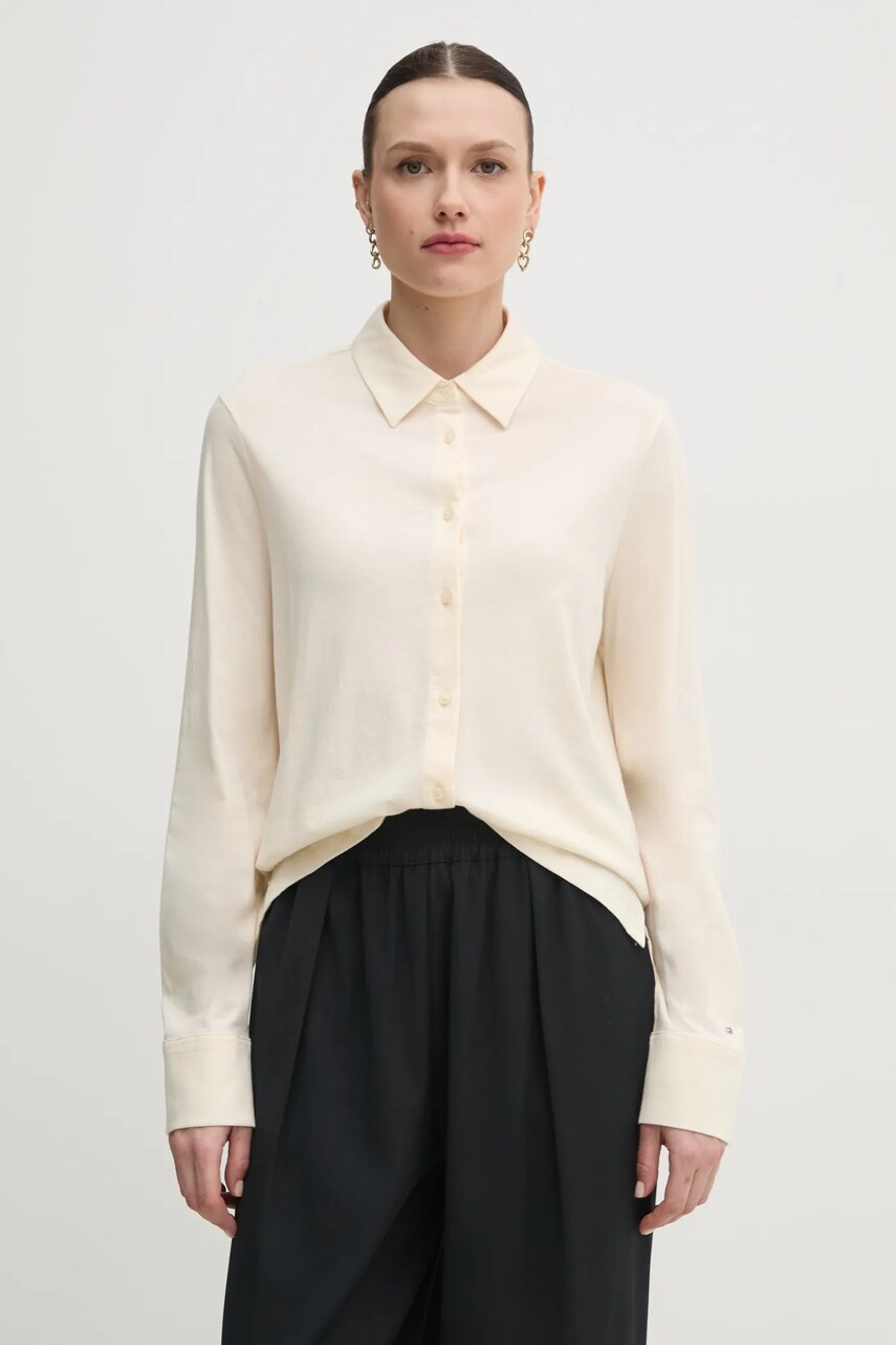 Levně Košile Tommy Hilfiger dámská, béžová barva, regular, s klasickým límcem, WW0WW45983