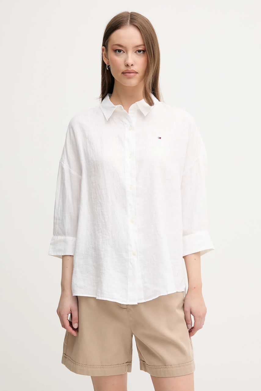 Lněná košile Tommy Hilfiger dámská, bílá barva, relaxed, s klasickým límcem, WW0WW46169
