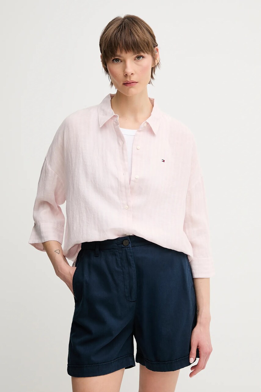 Levně Lněná košile Tommy Hilfiger dámská, růžová barva, relaxed, s klasickým límcem, WW0WW46169