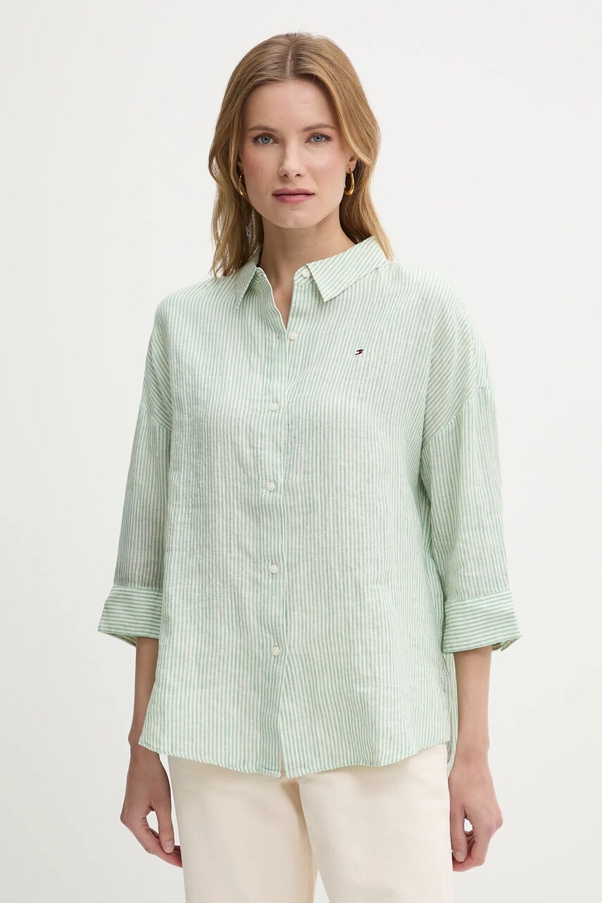 Levně Lněná košile Tommy Hilfiger dámská, zelená barva, relaxed, s klasickým límcem, WW0WW46169