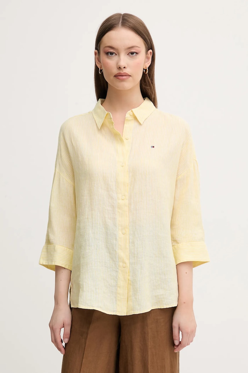 Levně Lněná košile Tommy Hilfiger dámská, žlutá barva, relaxed, s klasickým límcem, WW0WW46169
