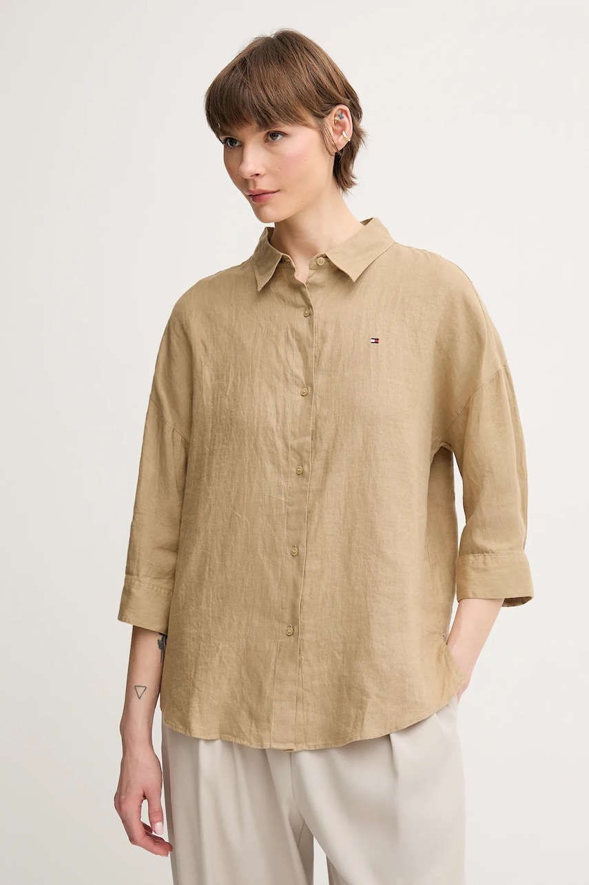 Levně Lněná košile Tommy Hilfiger dámská, béžová barva, relaxed, s klasickým límcem, WW0WW46169