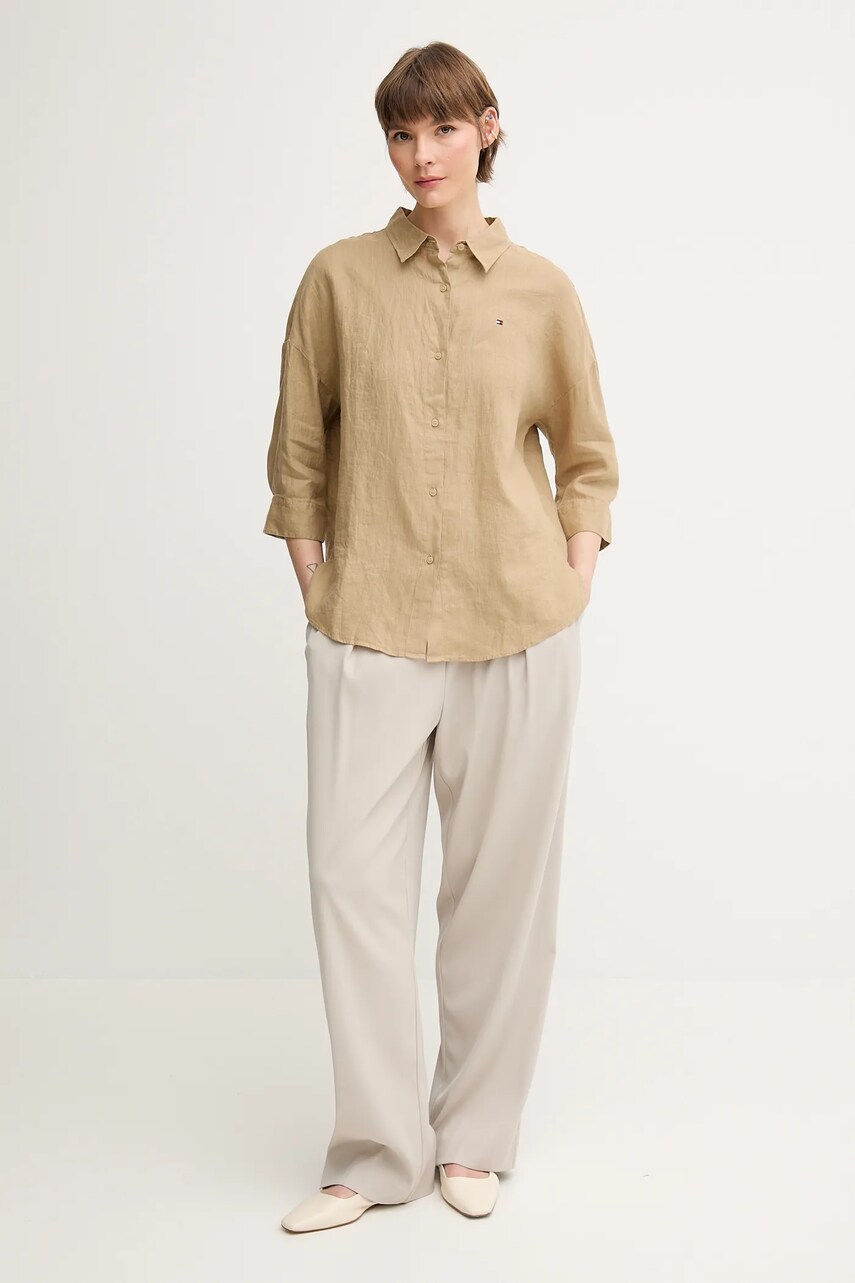 Льняная рубашка Tommy Hilfiger цвет бежевый relaxed классический воротник WW0WW46169 Льняная рубашка Tommy Hilfiger цвет бежевый relaxed классический воротник WW0WW46169