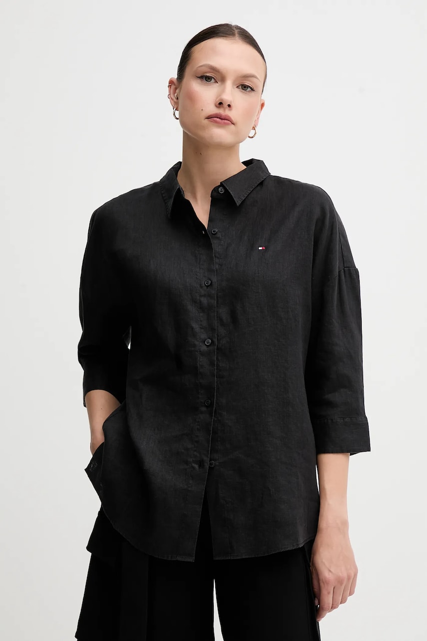 Lněná košile Tommy Hilfiger dámská, černá barva, relaxed, s klasickým límcem, WW0WW46169