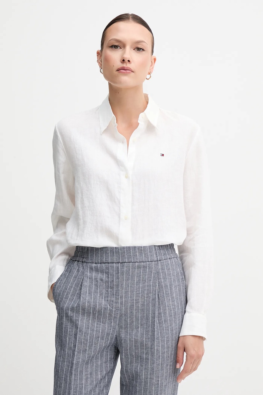 Levně Lněná košile Tommy Hilfiger dámská, bílá barva, relaxed, s klasickým límcem, WW0WW44679