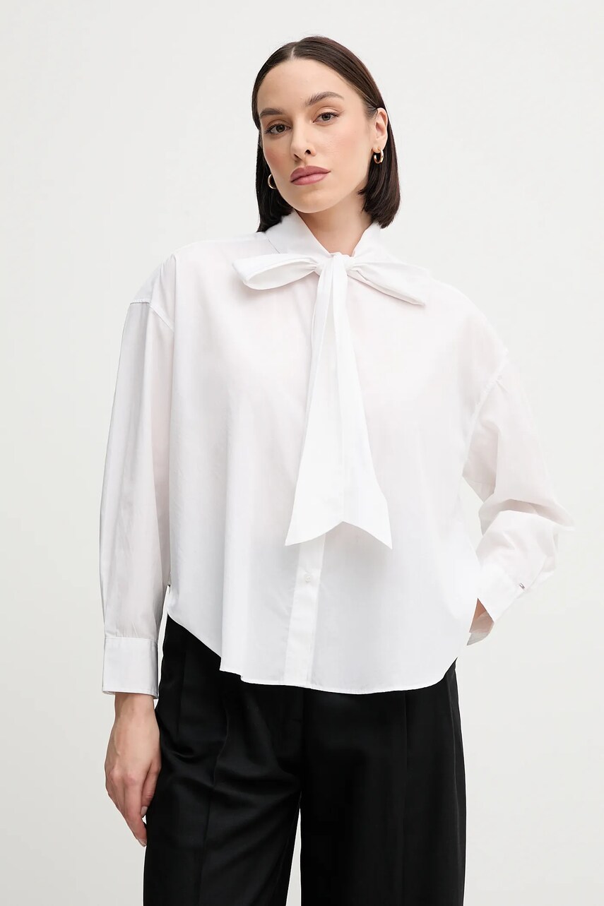 Levně Bavlněná košile Tommy Hilfiger dámská, bílá barva, relaxed, s vázaným výstřihem, WW0WW44722