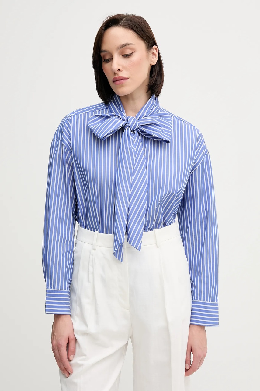 Levně Bavlněná košile Tommy Hilfiger dámská, fialová barva, relaxed, s vázaným výstřihem, WW0WW44722