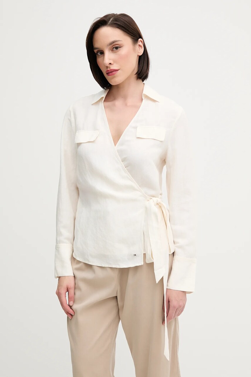Levně Lněná košile Tommy Hilfiger dámská, béžová barva, regular, s klasickým límcem, WW0WW44697