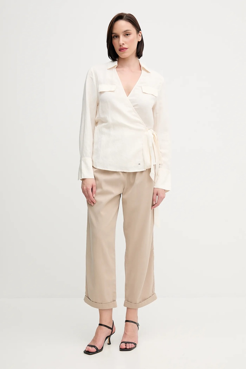 Льняная рубашка Tommy Hilfiger цвет бежевый regular классический воротник WW0WW44697