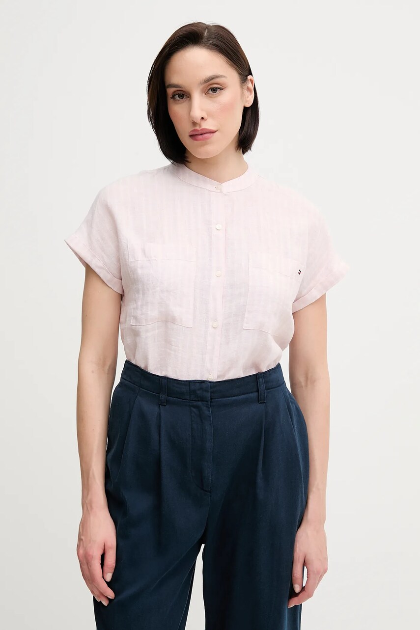 Levně Lněná košile Tommy Hilfiger dámská, růžová barva, relaxed, se stojáčkem, WW0WW44715