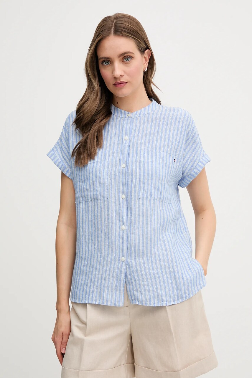 Levně Lněná košile Tommy Hilfiger dámská, modrá barva, relaxed, se stojáčkem, WW0WW44715