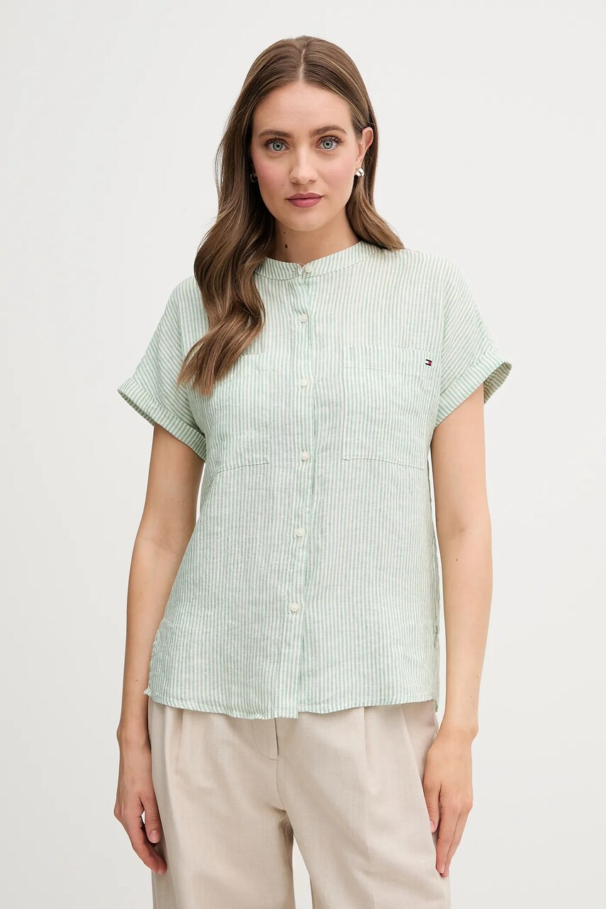 Levně Lněná košile Tommy Hilfiger dámská, zelená barva, relaxed, se stojáčkem, WW0WW44715