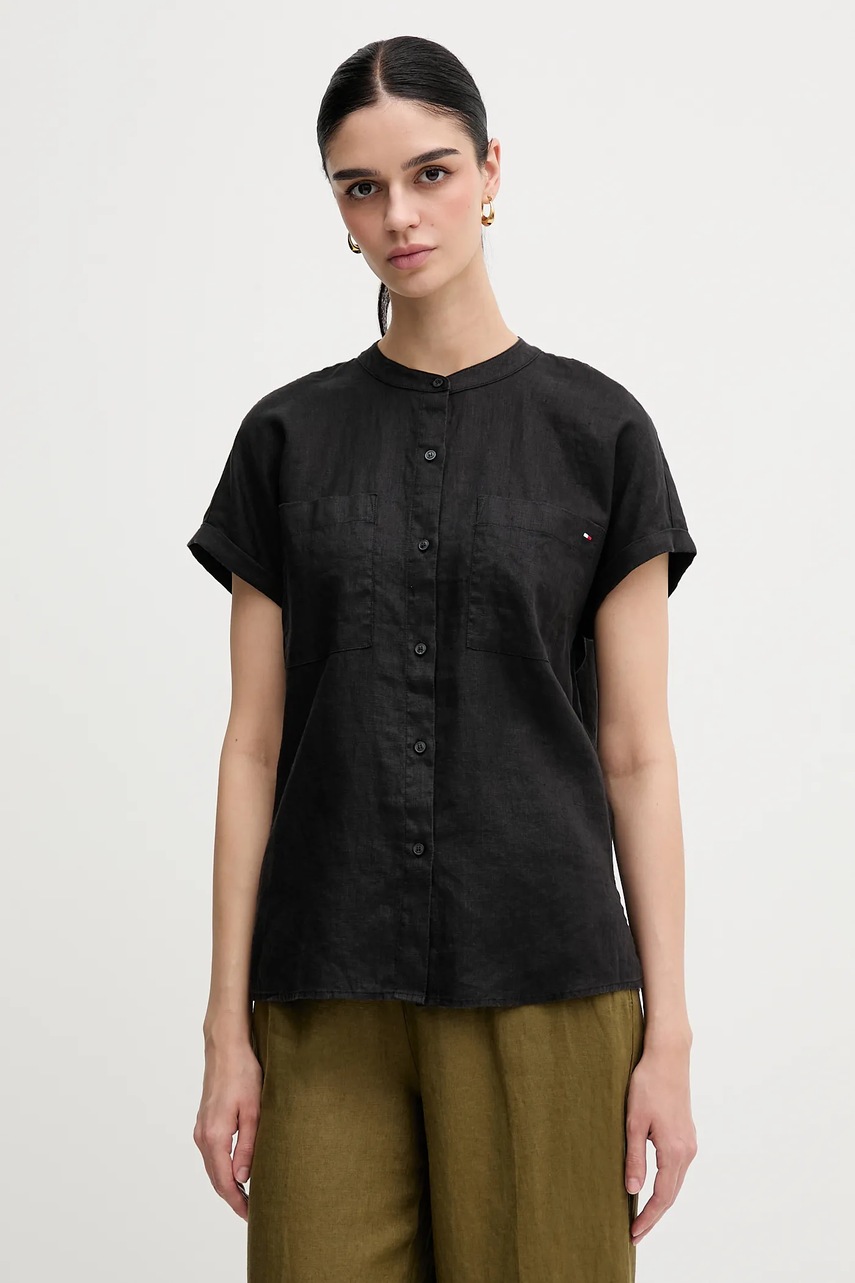 Levně Lněná košile Tommy Hilfiger dámská, černá barva, relaxed, se stojáčkem, WW0WW44715