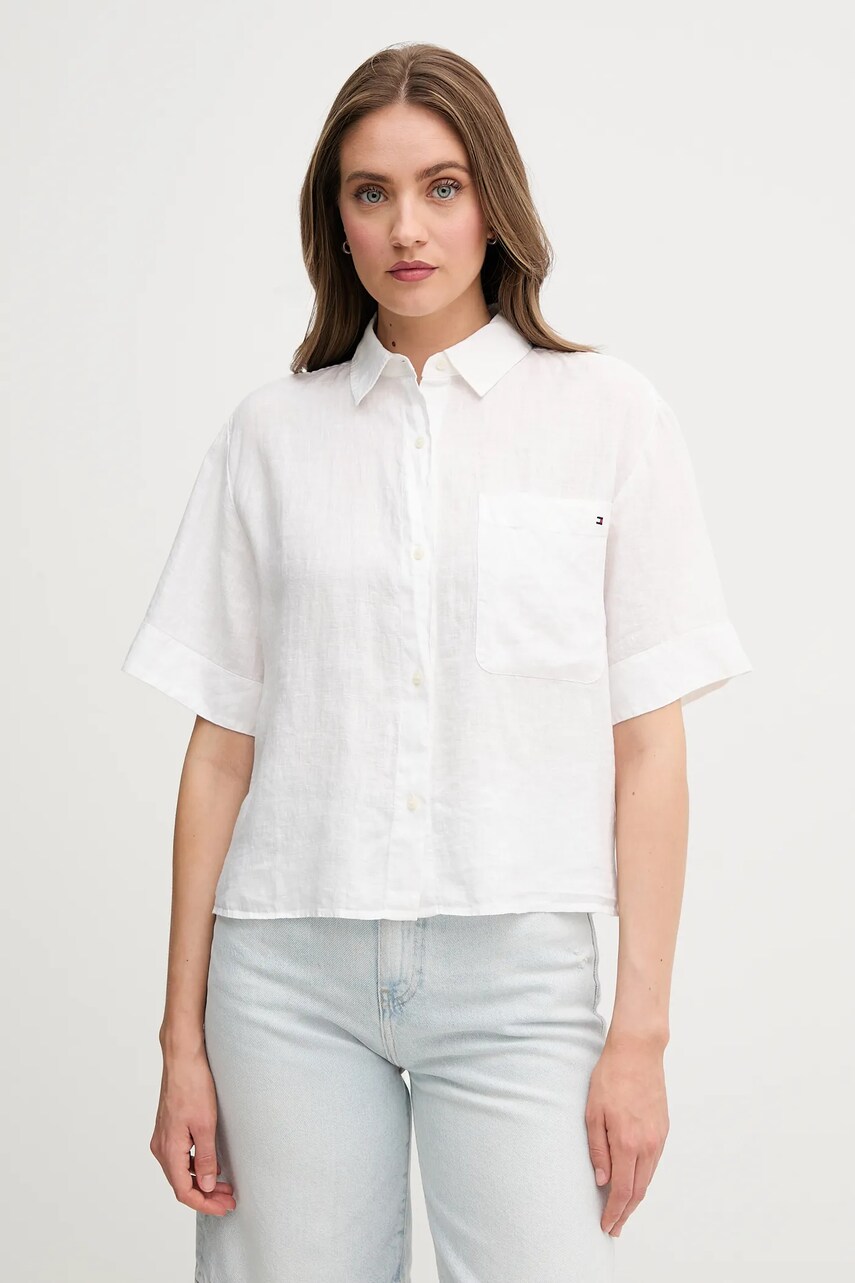 Levně Lněná košile Tommy Hilfiger dámská, béžová barva, relaxed, s klasickým límcem, WW0WW44720