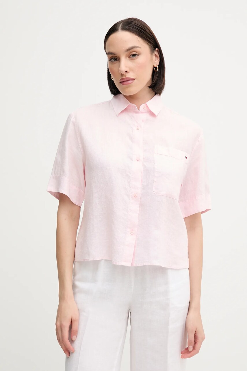 Levně Lněná košile Tommy Hilfiger dámská, růžová barva, relaxed, s klasickým límcem, WW0WW44720