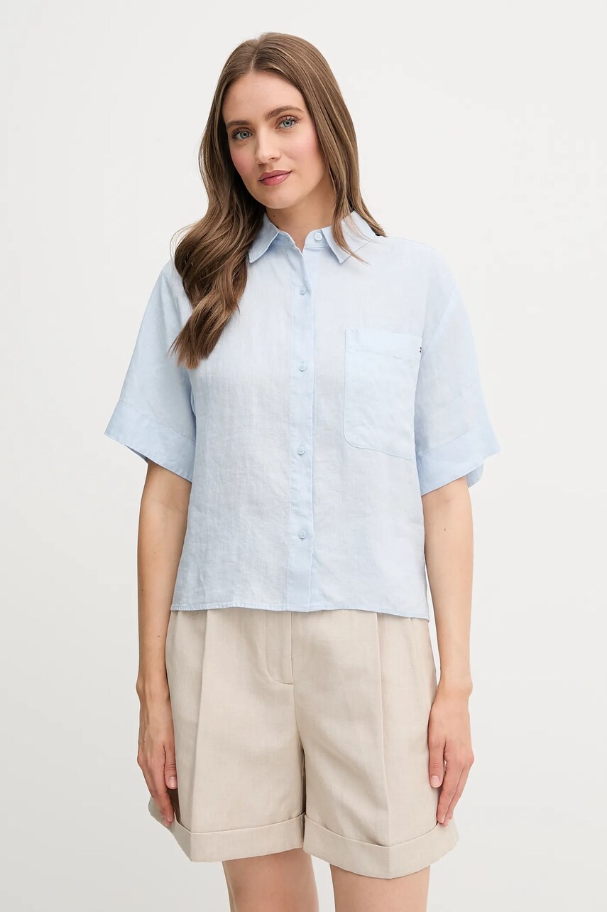 Levně Lněná košile Tommy Hilfiger dámská, modrá barva, relaxed, s klasickým límcem, WW0WW44720