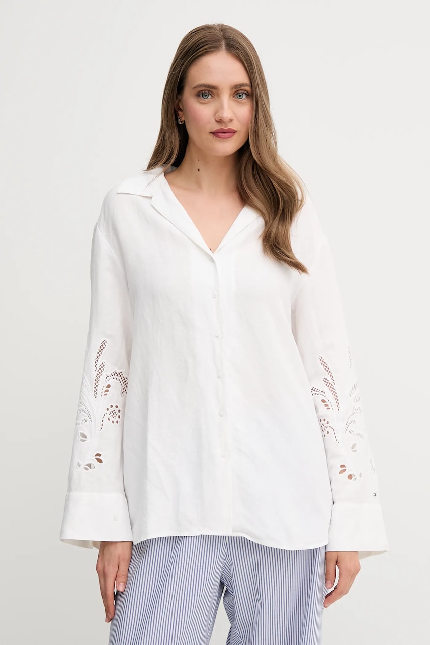 Levně Lněná košile Tommy Hilfiger dámská, béžová barva, regular, s klasickým límcem, WW0WW45940