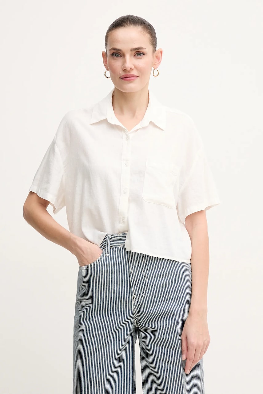 Dkny cămașă de in femei, culoarea bej, cu guler clasic, relaxed, DJ5W2056