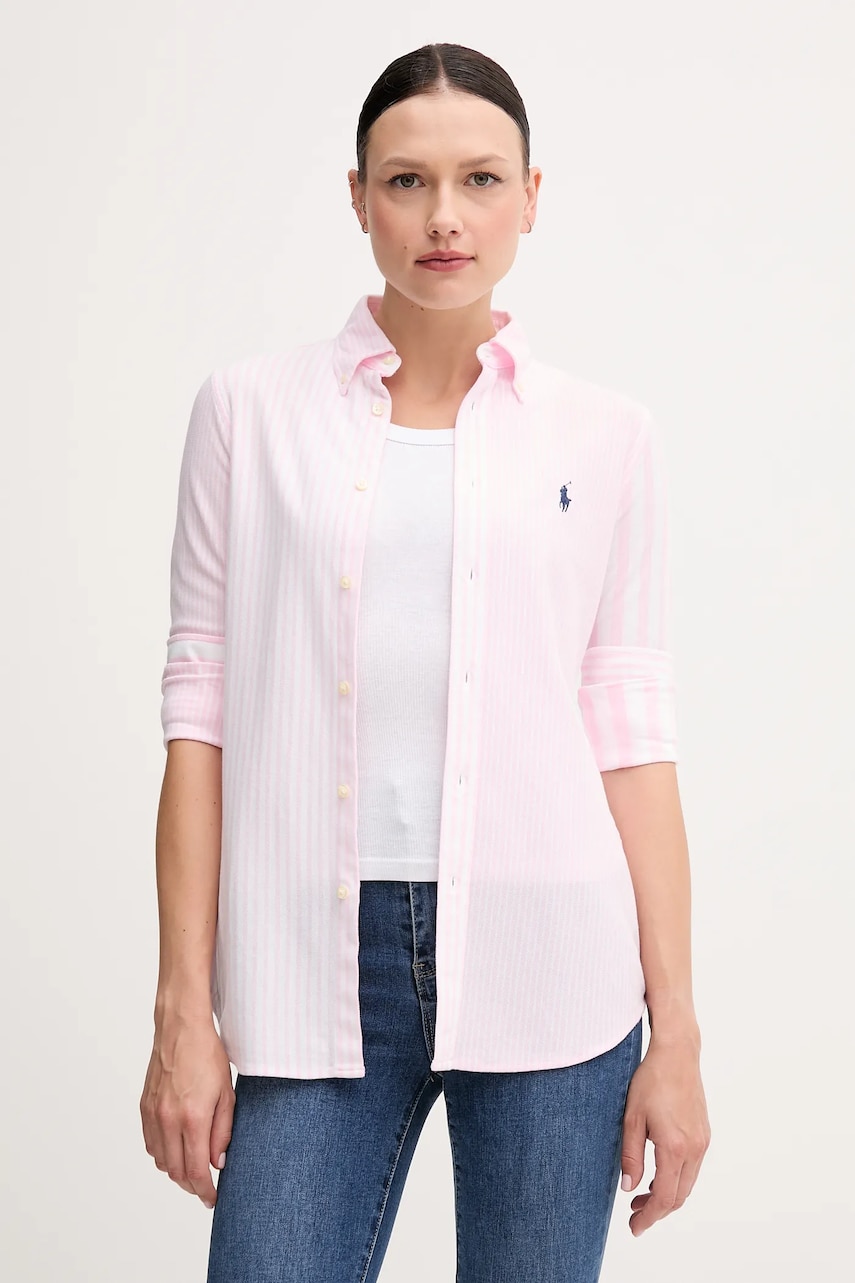 Levně Bavlněná košile Polo Ralph Lauren dámská, růžová barva, regular, s klasickým límcem, 211965102
