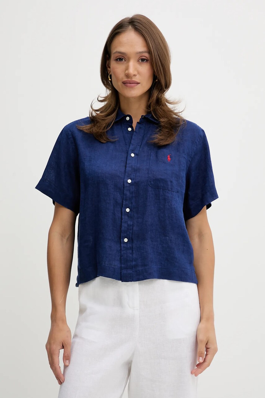 Levně Lněná košile Polo Ralph Lauren dámská, tmavomodrá barva, relaxed, s klasickým límcem, 211965847
