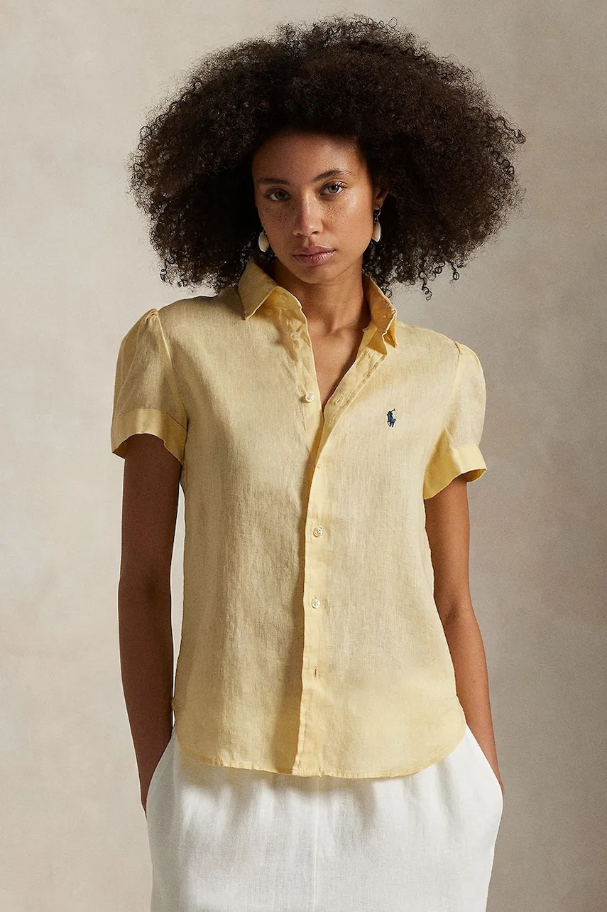Levně Lněná košile Polo Ralph Lauren dámská, žlutá barva, relaxed, s klasickým límcem, 211973366