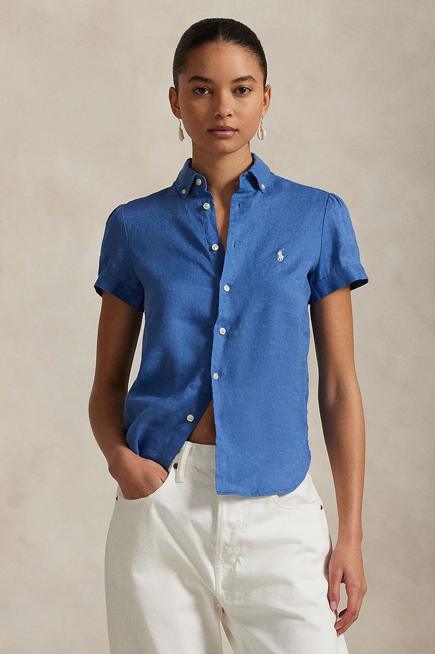 Levně Lněná košile Polo Ralph Lauren dámská, modrá barva, relaxed, s klasickým límcem, 211973366