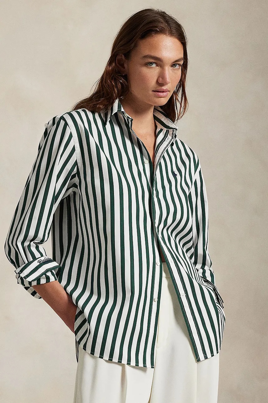 

Памучна риза Polo Ralph Lauren Wimbledon Collection дамска в зелено със свободна кройка с класическа яка 211970515, Зелен