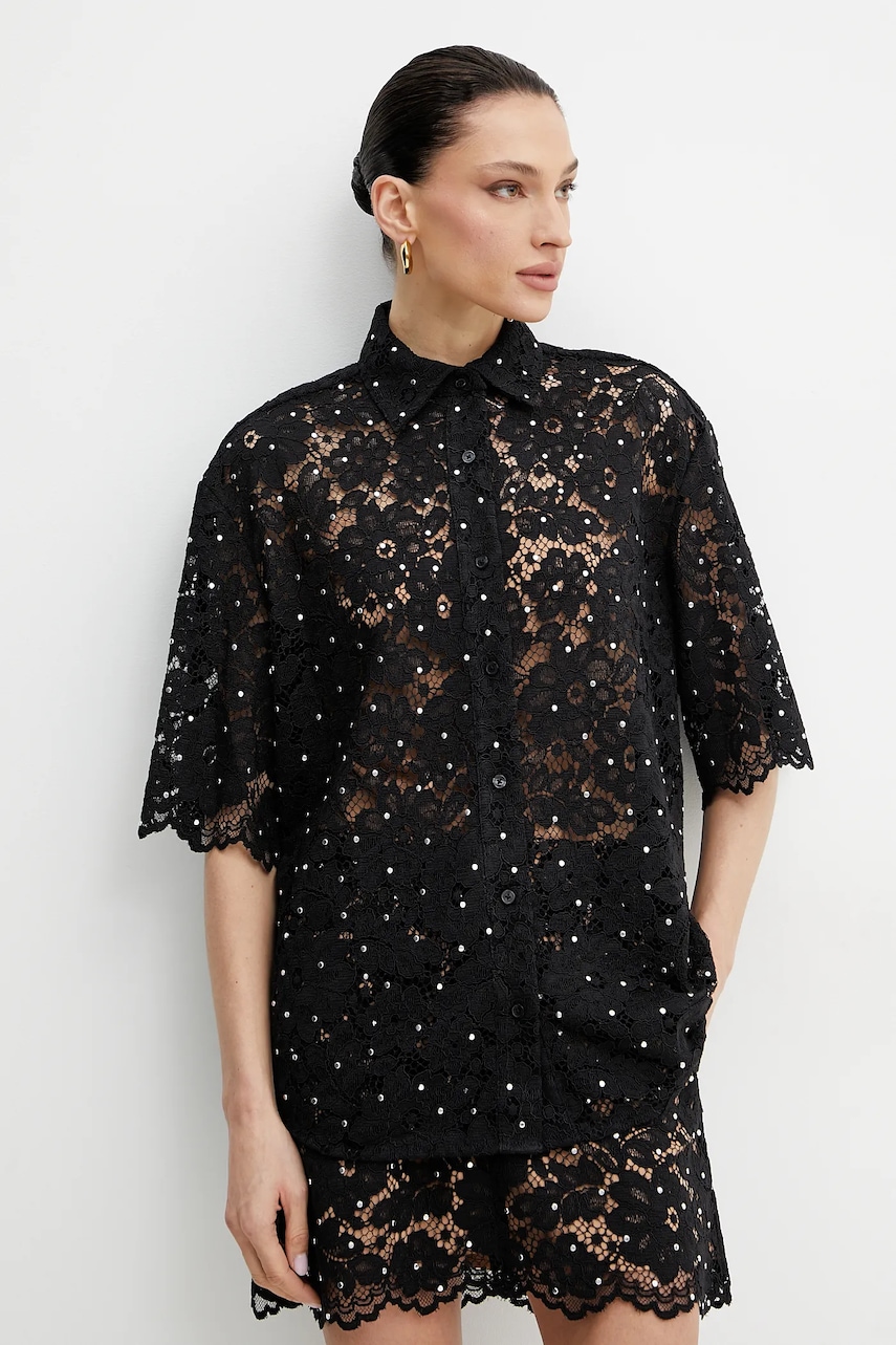 MICHAEL Michael Kors cămașă femei, culoarea negru, cu guler clasic, relaxed, MS540SXGTA