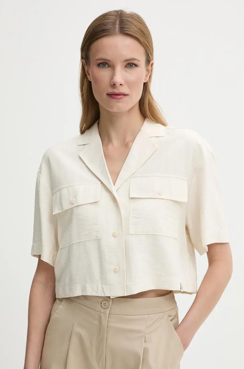 Levně Košile Calvin Klein Jeans dámská, béžová barva, relaxed, s klasickým límcem, J20J225353