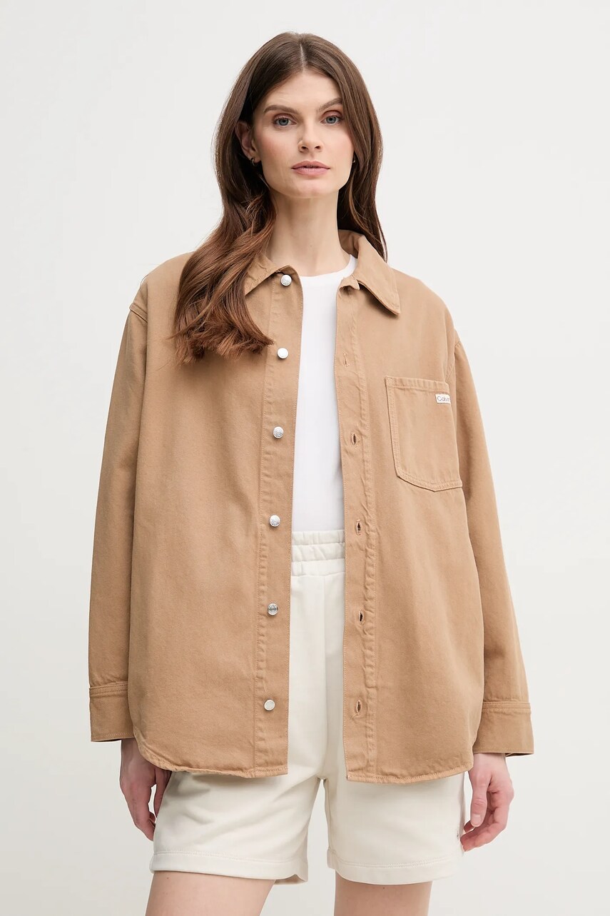 Levně Džínová bunda s příměsí lnu Calvin Klein Jeans hnědá barva, oversize, J20J225574