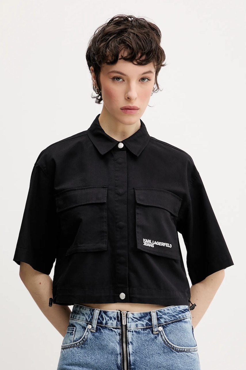 Karl Lagerfeld Jeans cămașă femei, culoarea negru, cu guler clasic, relaxed, A2W11001