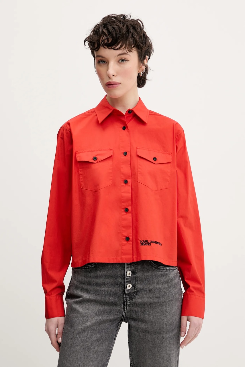 Karl Lagerfeld Jeans cămașă din bumbac femei, culoarea portocaliu, cu guler clasic, relaxed, A2W11027 Karl Lagerfeld Jeans cămașă din bumbac femei, culoarea portocaliu, cu guler clasic, relaxed, A2W11027
