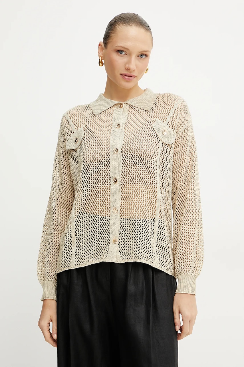 Fracomina cămașă femei, culoarea bej, cu guler clasic, relaxed, FS25ST6006K514O7 Fracomina cămașă femei, culoarea bej, cu guler clasic, relaxed, FS25ST6006K514O7