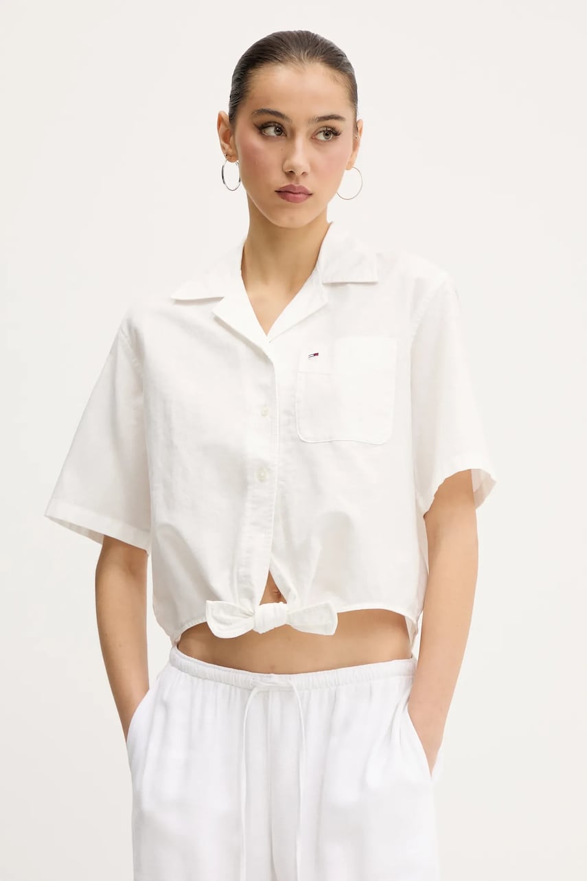 Tommy Jeans cămașă din amestec de in femei, culoarea alb, cu guler clasic, relaxed, DW0DW20286 Tommy Jeans cămașă din amestec de in femei, culoarea alb, cu guler clasic, relaxed, DW0DW20286