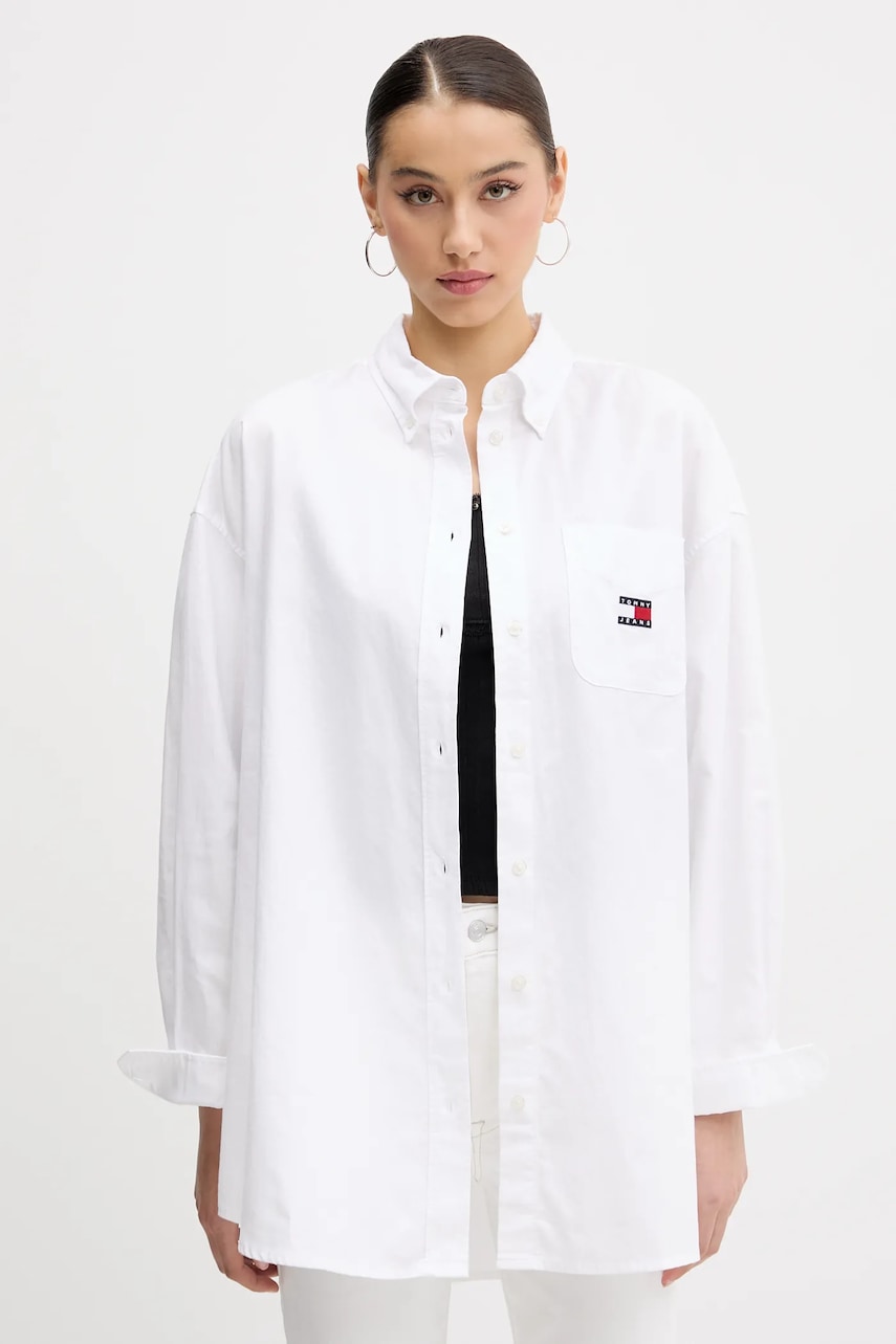 Tommy Jeans cămașă din bumbac culoarea alb, cu guler clasic, relaxed, DW0DW20289 Tommy Jeans cămașă din bumbac culoarea alb, cu guler clasic, relaxed, DW0DW20289