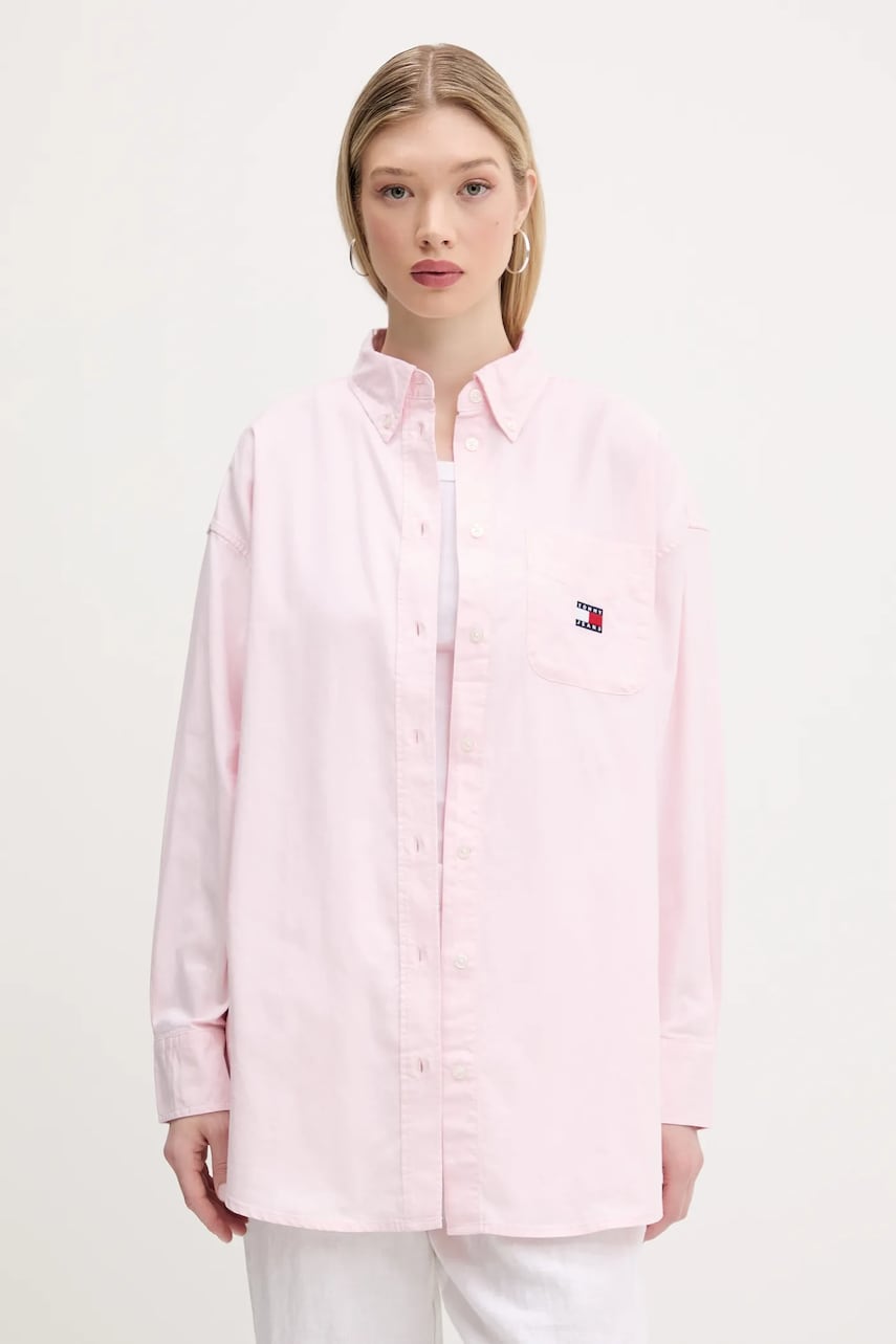 Tommy Jeans cămașă din bumbac culoarea roz, cu guler clasic, relaxed, DW0DW20289