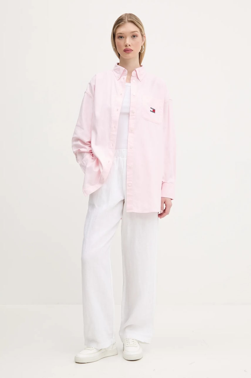 Хлопковая рубашка Tommy Jeans цвет розовый relaxed классический воротник DW0DW20289 Хлопковая рубашка Tommy Jeans цвет розовый relaxed классический воротник DW0DW20289