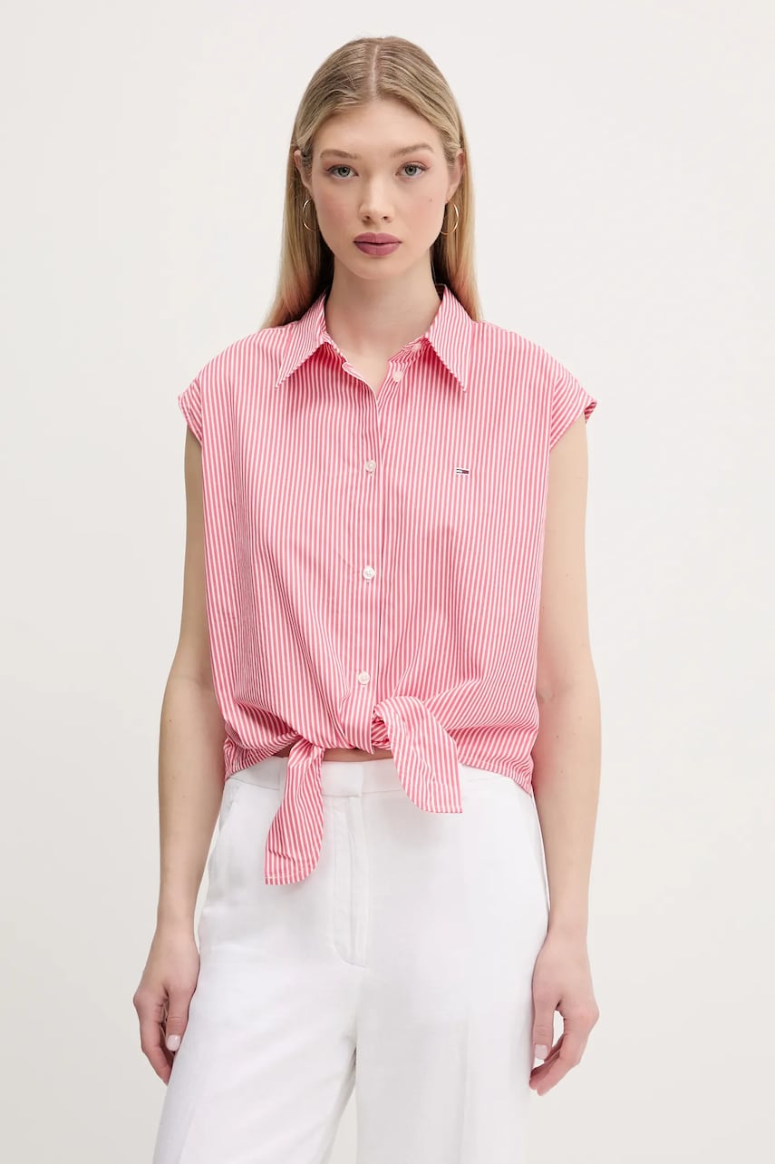 Tommy Jeans camasa din bumbac culoarea roz, cu guler clasic, regular, DW0DW20291