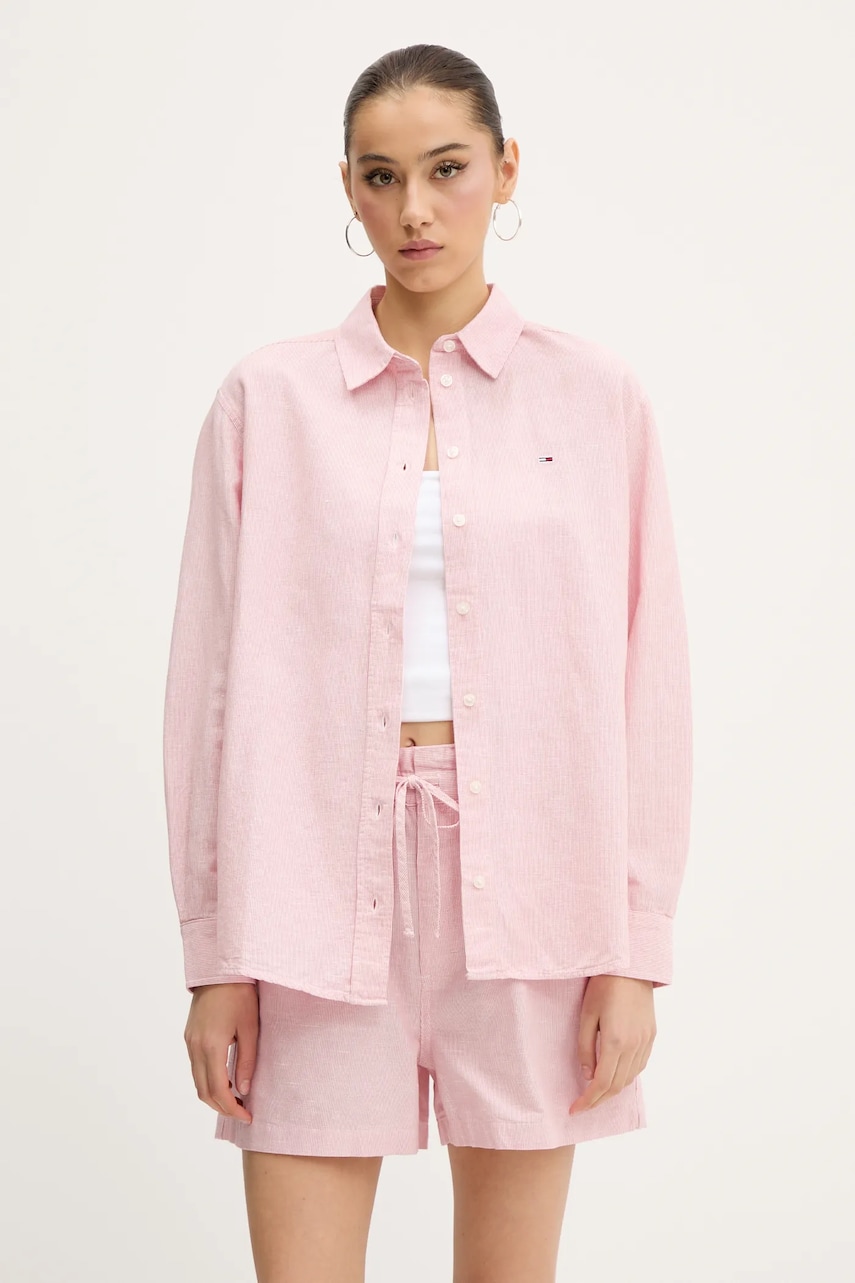 Tommy Jeans cămașă din amestec de in culoarea roz, cu guler clasic, regular, DW0DW20292 Tommy Jeans cămașă din amestec de in culoarea roz, cu guler clasic, regular, DW0DW20292
