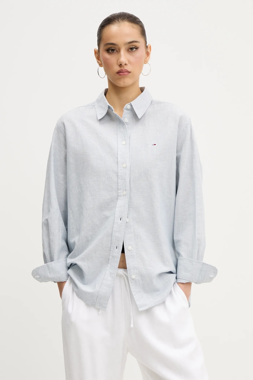 Tommy Jeans cămașă din amestec de in culoarea gri, cu guler clasic, regular, DW0DW20292 Tommy Jeans cămașă din amestec de in culoarea gri, cu guler clasic, regular, DW0DW20292