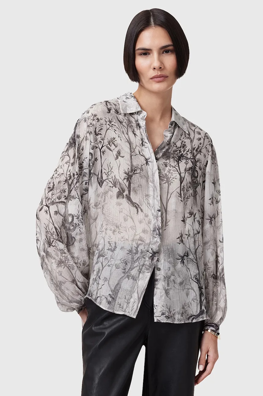 AllSaints camasa din amestec de matase EDDIE femei, culoarea gri, cu guler clasic, relaxed, W044PC AllSaints camasa din amestec de matase EDDIE femei, culoarea gri, cu guler clasic, relaxed, W044PC