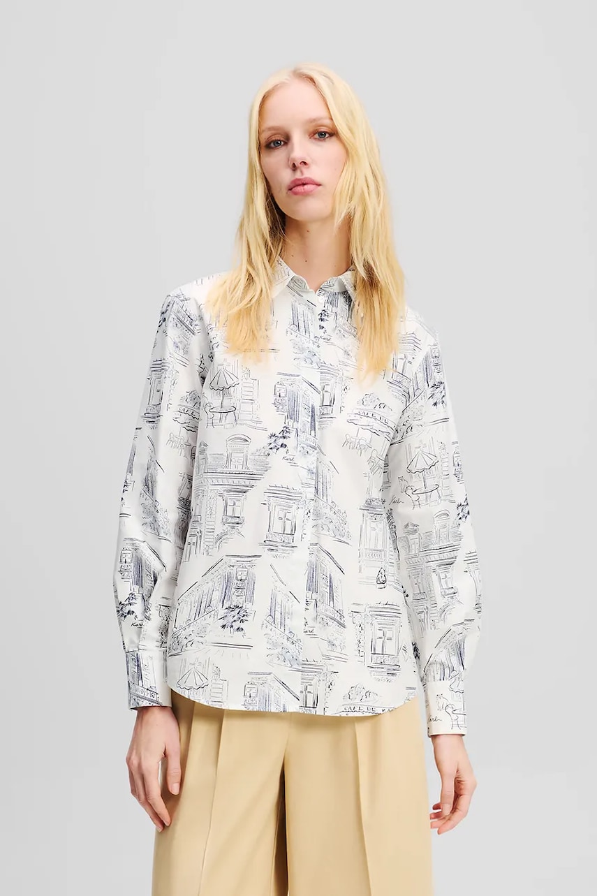 Karl Lagerfeld cămașă din bumbac femei, culoarea alb, cu guler clasic, relaxed, A2W11023 Karl Lagerfeld cămașă din bumbac femei, culoarea alb, cu guler clasic, relaxed, A2W11023