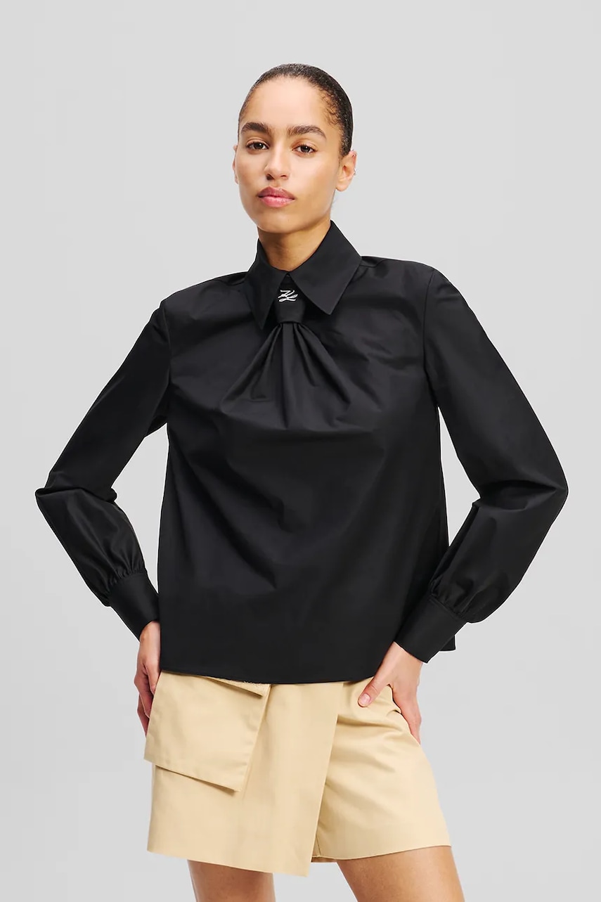 Karl Lagerfeld cămașă din bumbac femei, culoarea negru, cu guler clasic, regular, A2W11004 Karl Lagerfeld cămașă din bumbac femei, culoarea negru, cu guler clasic, regular, A2W11004