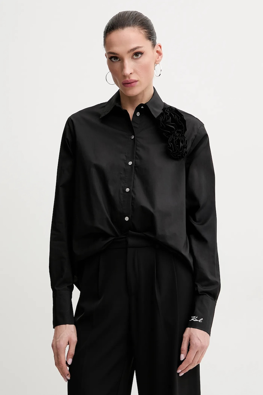 Karl Lagerfeld cămașă din bumbac femei, culoarea negru, cu guler clasic, regular, A2W11011 Karl Lagerfeld cămașă din bumbac femei, culoarea negru, cu guler clasic, regular, A2W11011