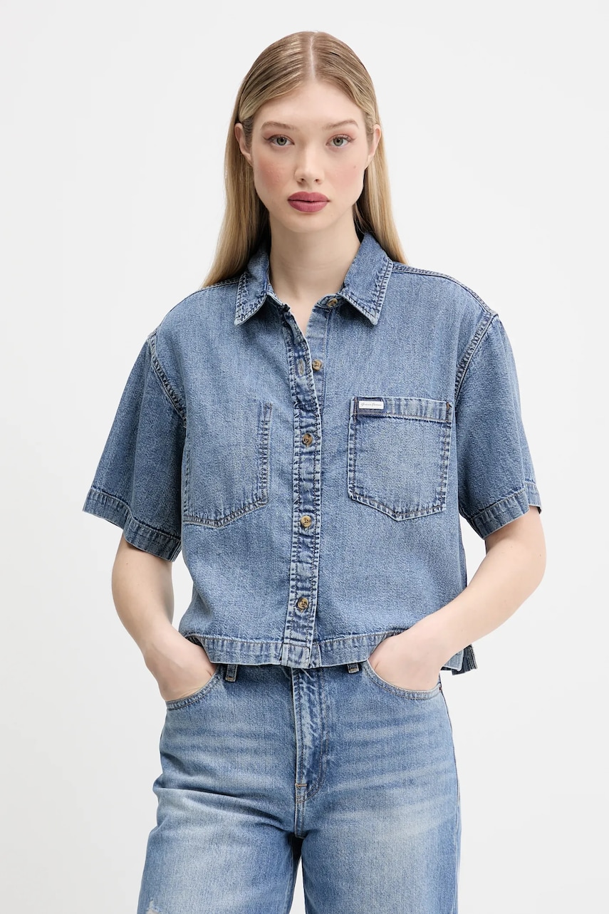 Levně Džínová košile Guess Jeans dámská, modrá barva, relaxed, s klasickým límcem, W5GH0F D5M81