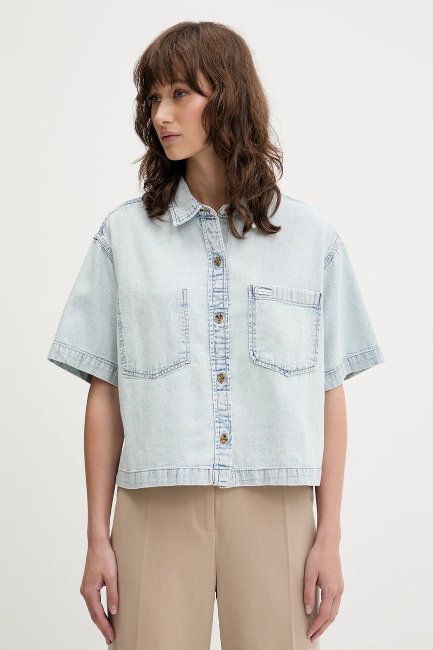 Levně Džínová košile Guess Jeans dámská, modrá barva, relaxed, s klasickým límcem, W5GH0F D5M83