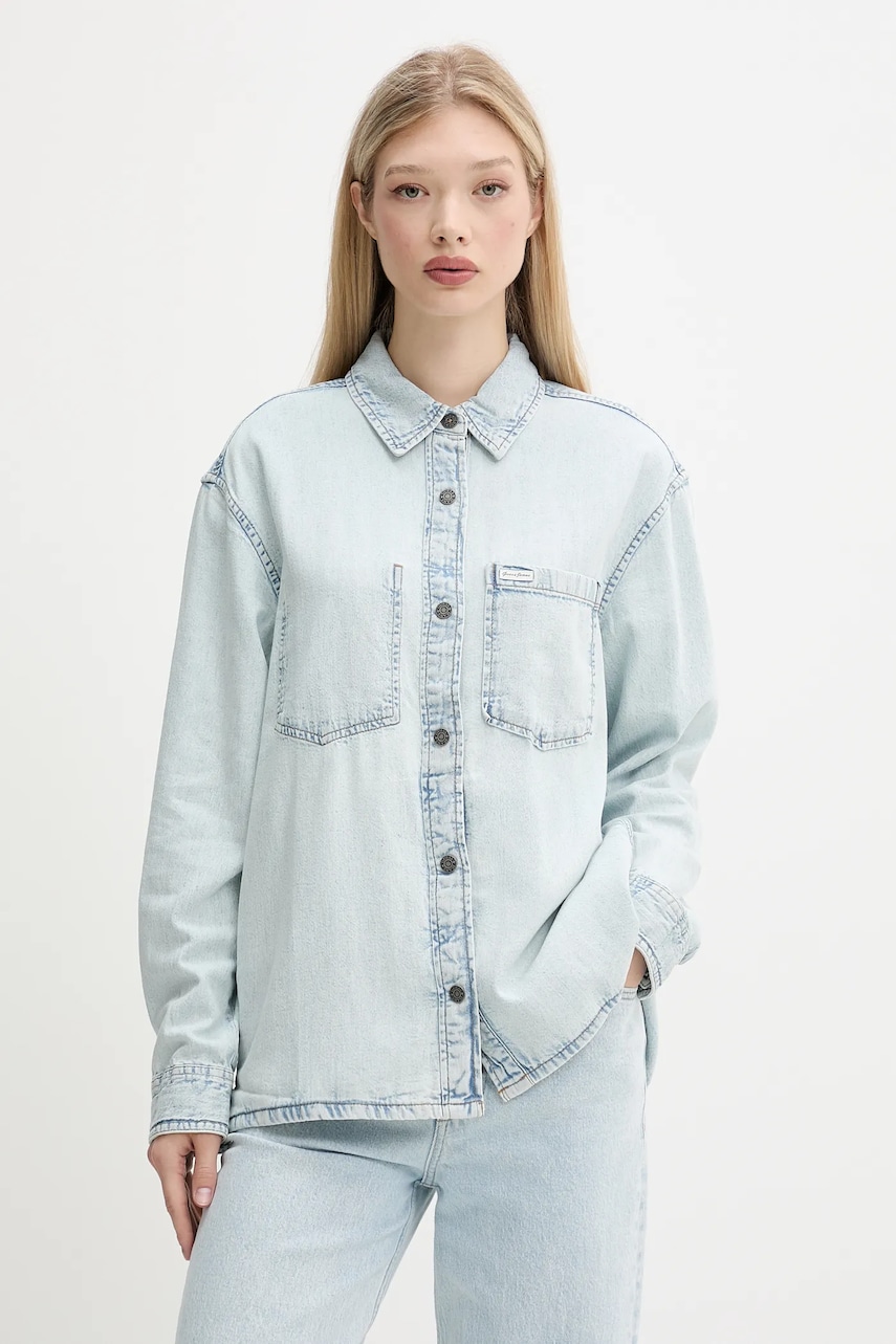 Levně Džínová košile Guess Jeans dámská, modrá barva, relaxed, s klasickým límcem, W5GH0H D5M83